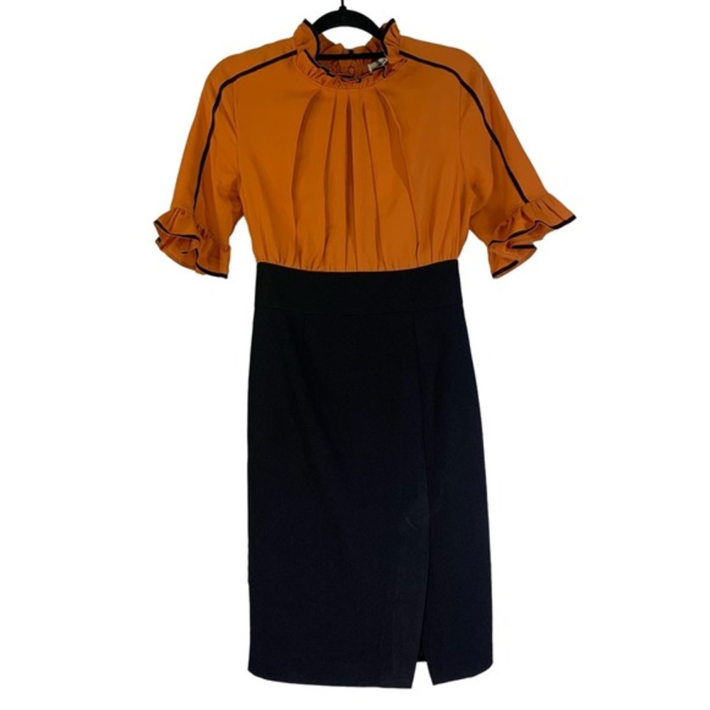 MARCOBOR Orange & Black Tiana Ruffle Midi Pencil‎ Dress - NWT